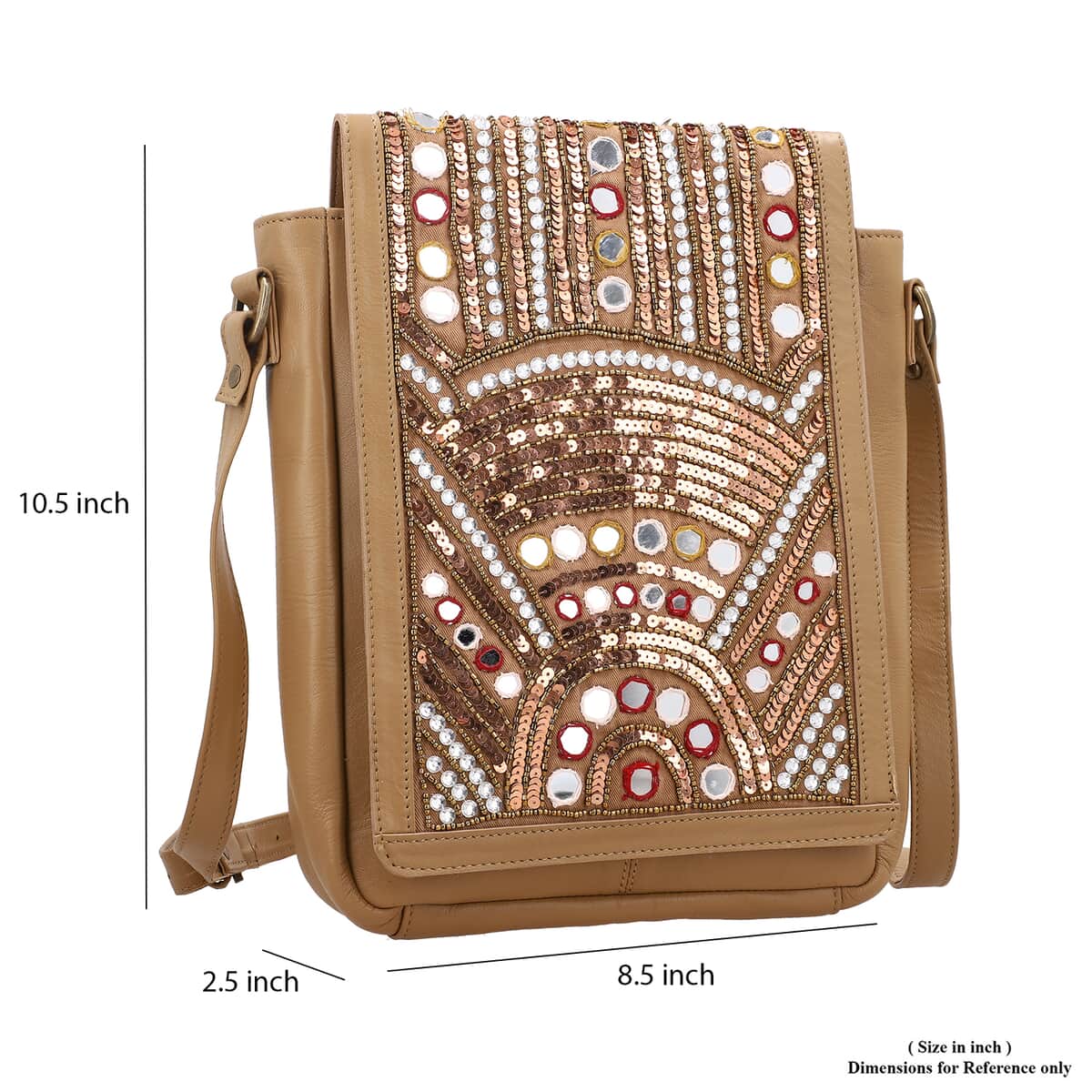 Beige Genuine Leather Embellished Crossbody Sling Bag image number 6