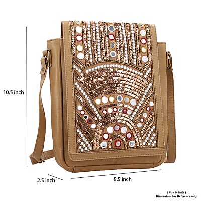 Beige Genuine Leather Embellished Crossbody Sling Bag