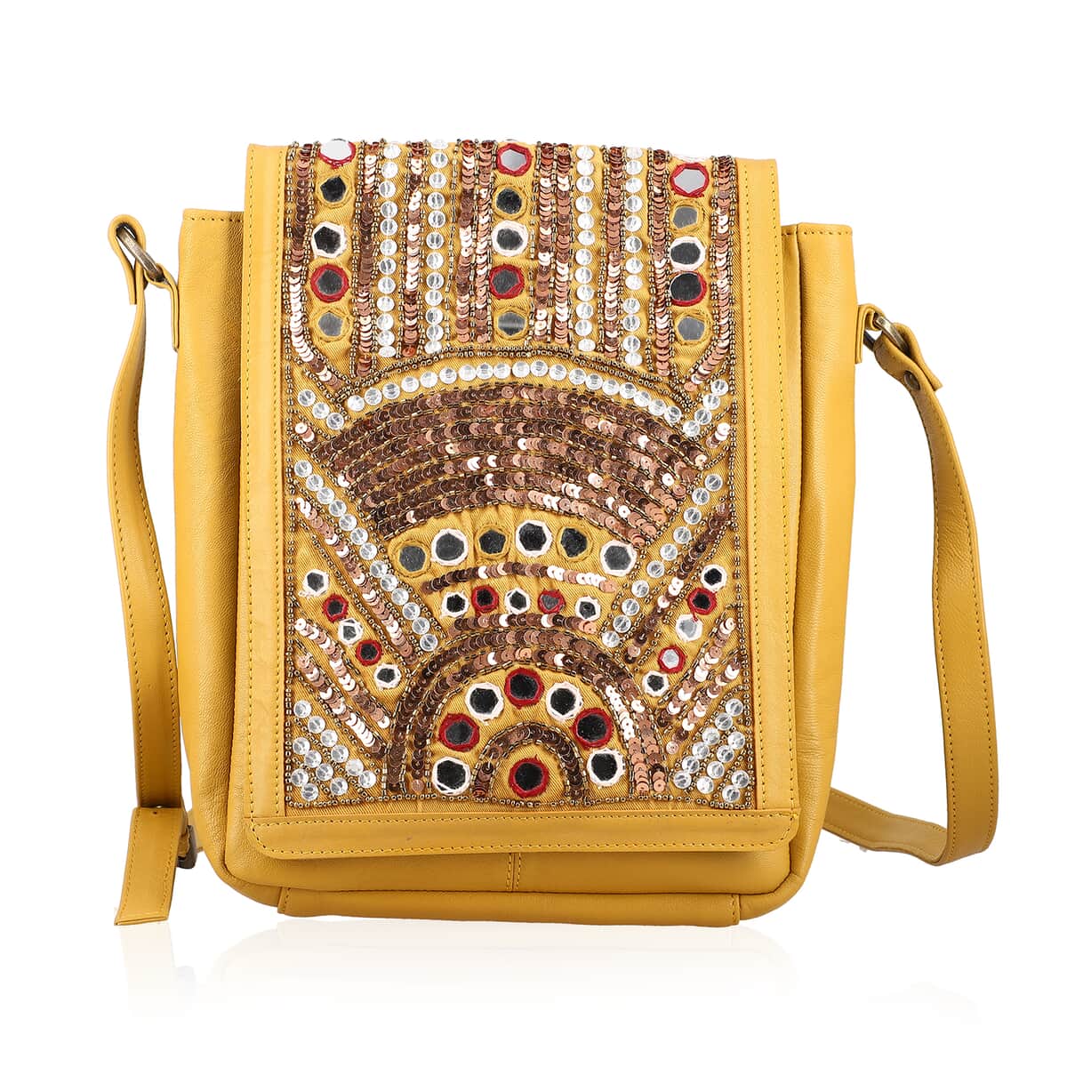 Mustard Genuine Leather Embellished Crossbody Sling Bag image number 0