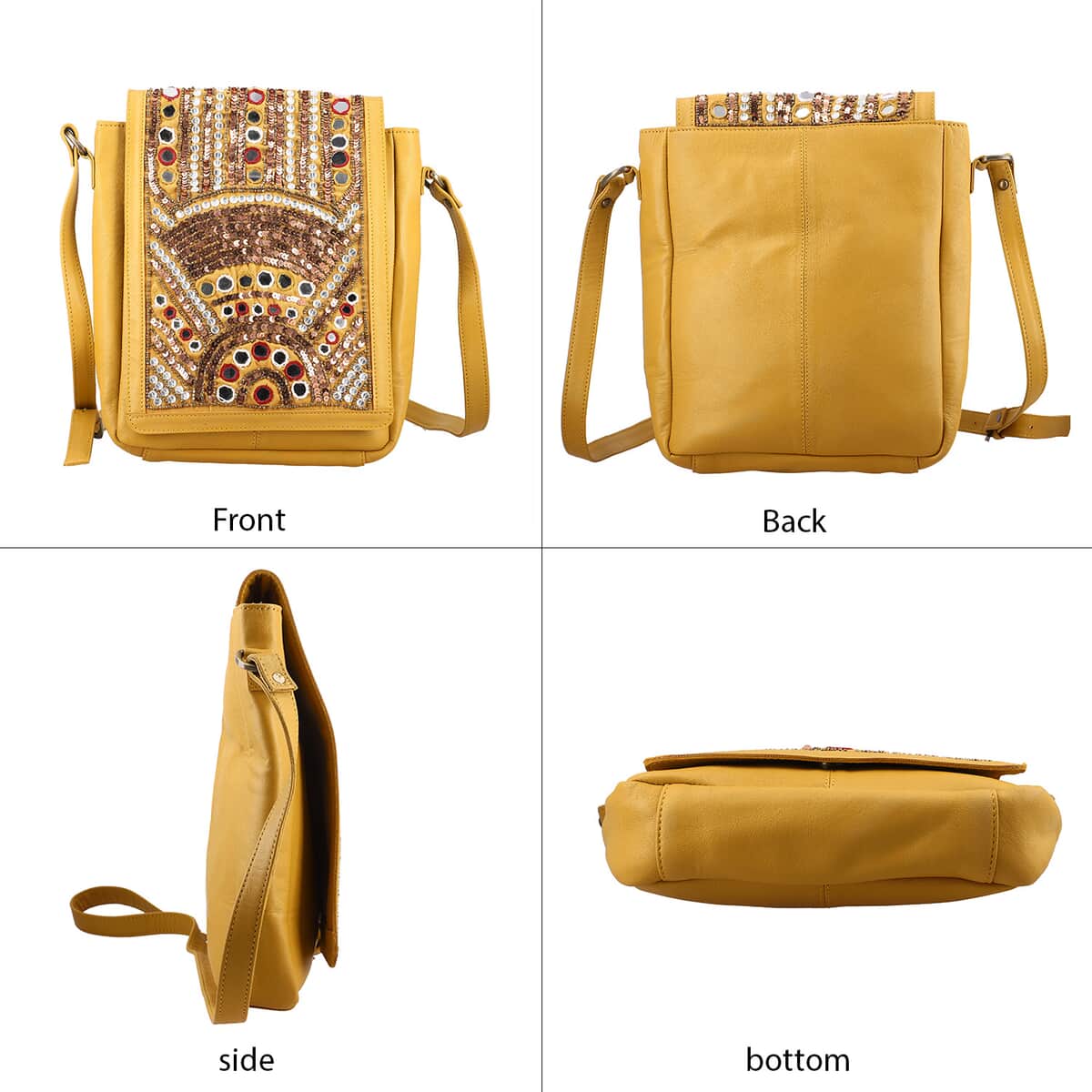 Mustard Genuine Leather Embellished Crossbody Sling Bag image number 3