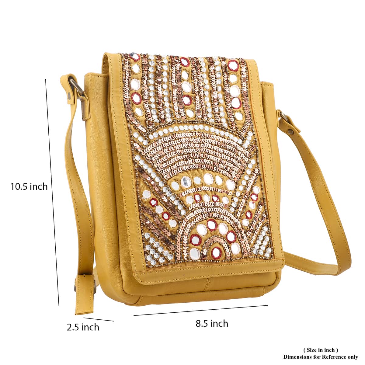 Mustard Genuine Leather Embellished Crossbody Sling Bag image number 6