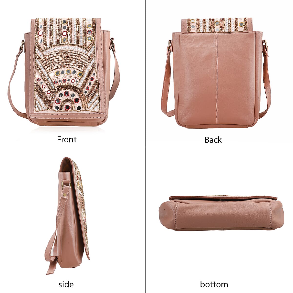 Light Pink Genuine Leather Embellished Crossbody Sling Bag image number 3