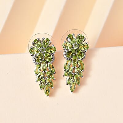 Peridot and White Zircon Earrings in Platinum Over Sterling Silver 5.40 ctw