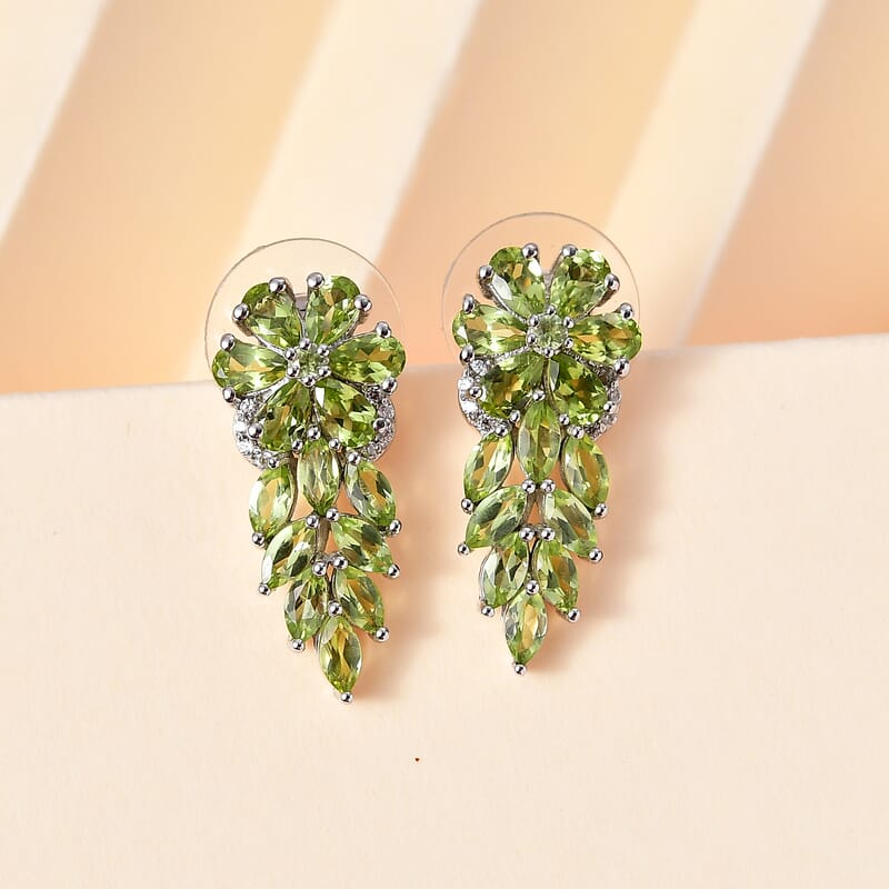Peridot and White Zircon Earrings in Platinum Over Sterling Silver 5.40 ctw