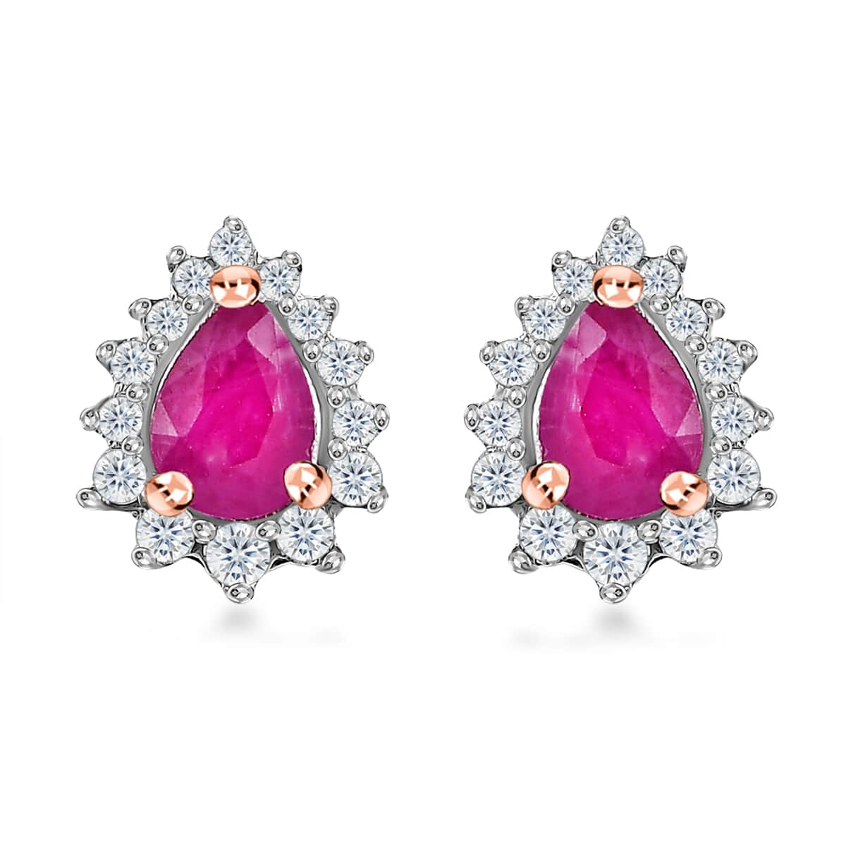 Montepuez Ruby and White Zircon Sunburst Stud Earrings in Vermeil Rose Gold Over Sterling Silver 0.60 ctw image number 0