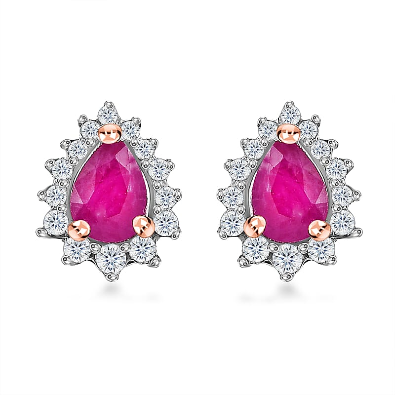 Montepuez Ruby and White Zircon Sunburst Stud Earrings in Vermeil Rose Gold Over Sterling Silver 0.60 ctw