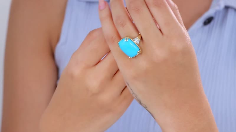 Luxoro 10K Yellow Gold Premium Sleeping Beauty Turquoise and G-H I2 Diamond Ring (Size 6.0) 4.65 Grams 14.85 ctw