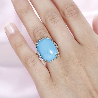 Luxoro 10K Yellow Gold Premium Sleeping Beauty Turquoise and G-H I2 Diamond Ring (Size 6.0) 4.65 Grams 14.85 ctw