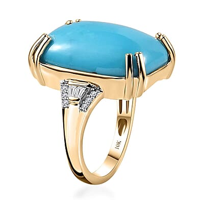 Luxoro 10K Yellow Gold Premium Sleeping Beauty Turquoise and G-H I2 Diamond Ring (Size 6.0) 4.65 Grams 14.85 ctw