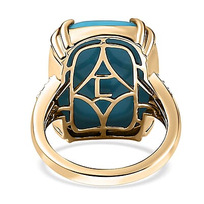 Luxoro 10K Yellow Gold Premium Sleeping Beauty Turquoise and G-H I2 Diamond Ring (Size 6.0) 4.65 Grams 14.85 ctw