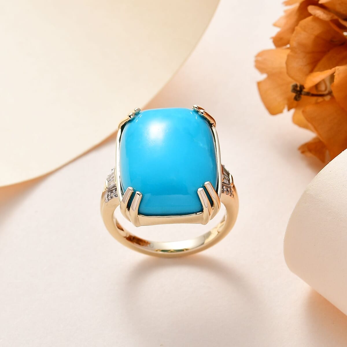 Luxoro 10K Yellow Gold Premium Sleeping Beauty Turquoise and G-H I2 Diamond Ring (Size 9.0) 4.65 Grams 14.85 ctw image number 1