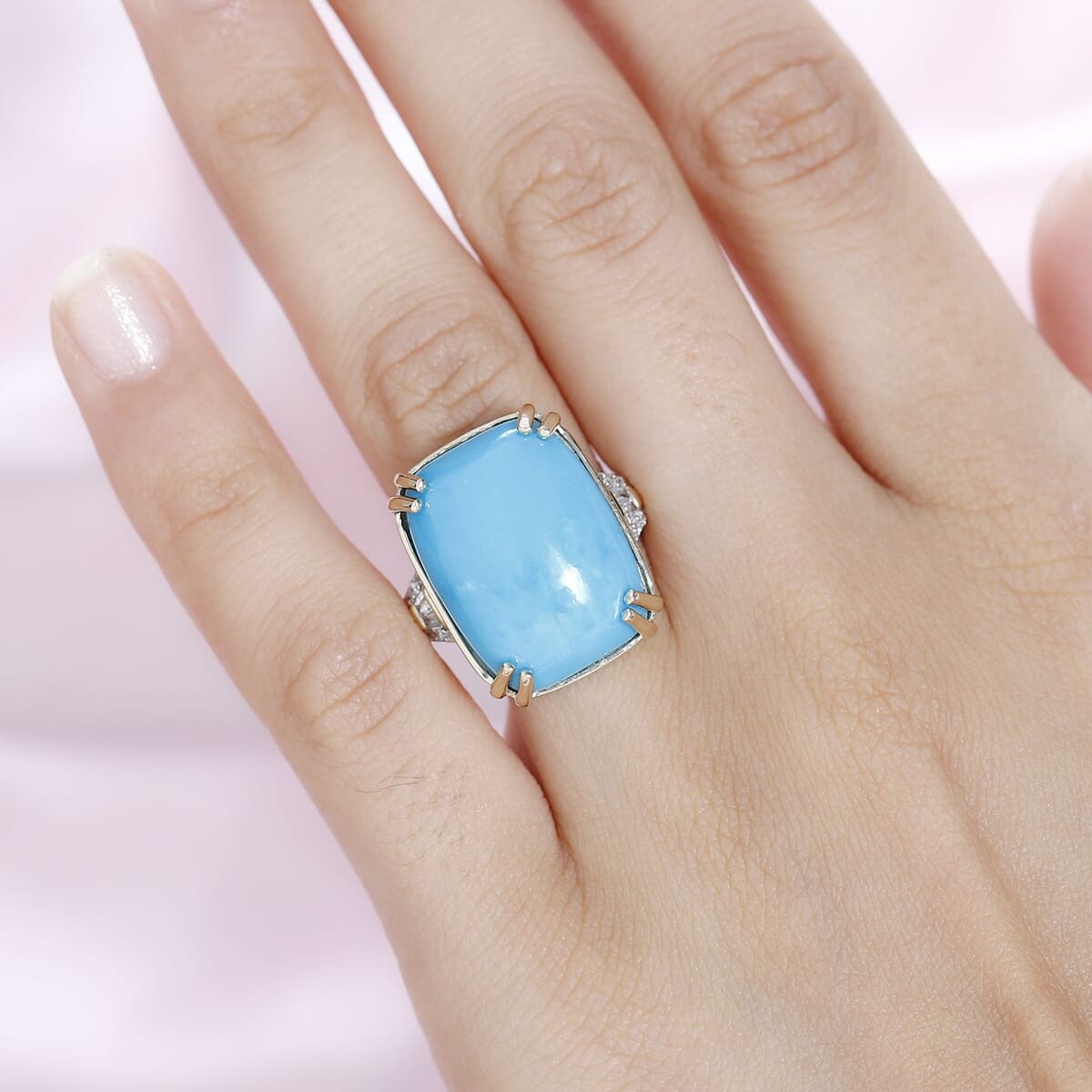 Luxoro 10K Yellow Gold Premium Sleeping Beauty Turquoise and G-H I2 Diamond Ring (Size 9.0) 4.65 Grams 14.85 ctw image number 2