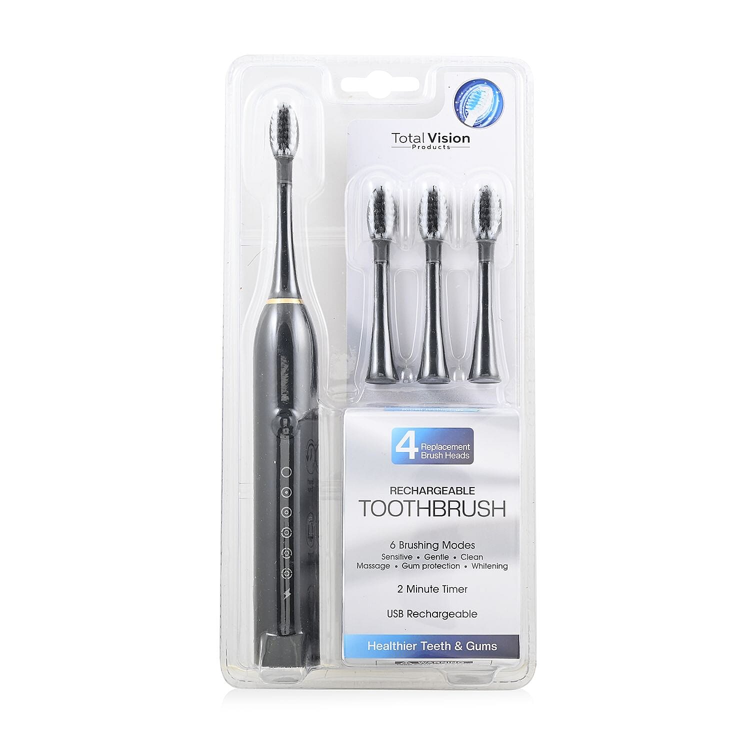 Closeout Total Vision Black Rechargeable Toothbrush with 4 Heads