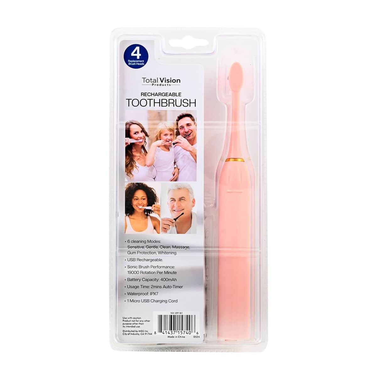 Closeout Total Vision Pink Rechargeable Toothbrush with 4 Heads image number 5