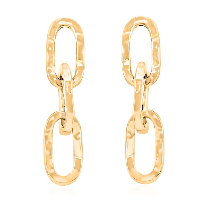 Italian 14K Yellow Gold Over Sterling Silver Textured Paper Clip 3 Row Drop Statement Earrings 5.20 Grams