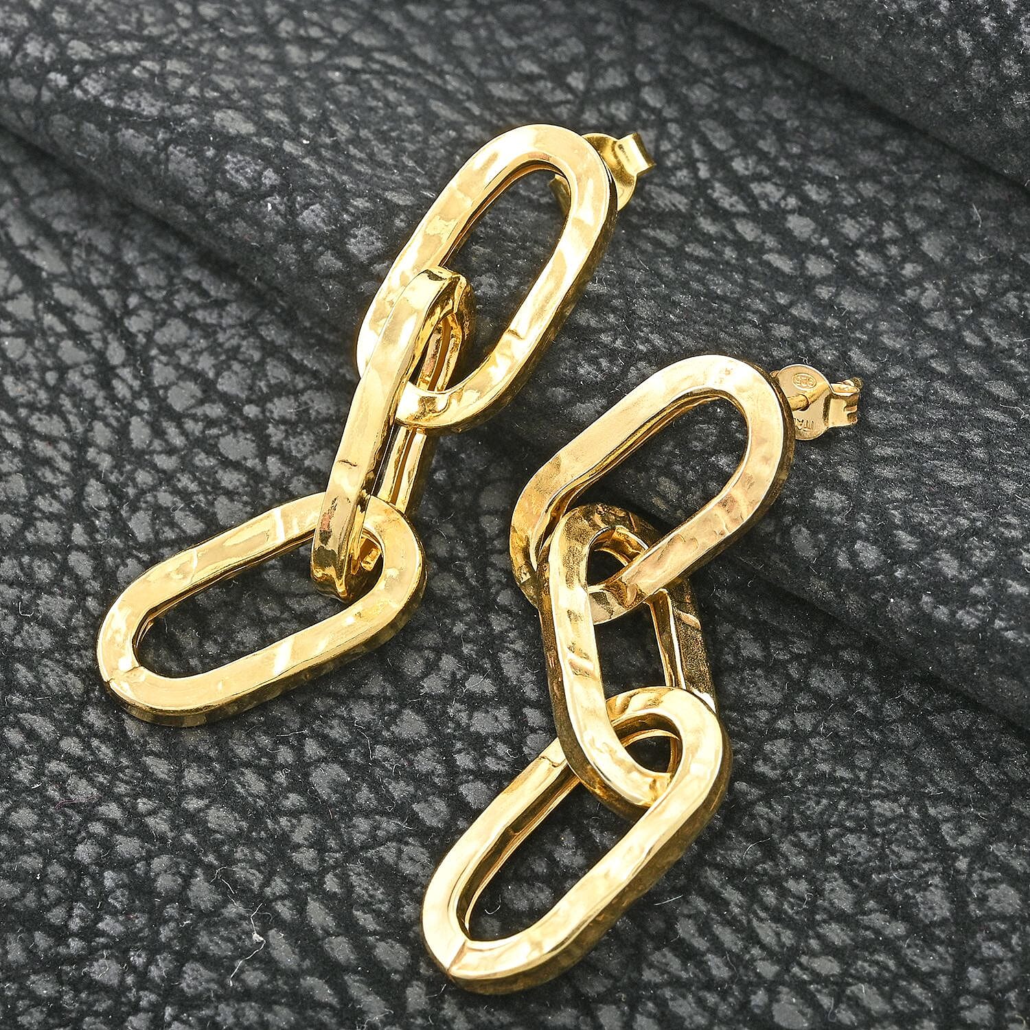 Italian 14K Yellow Gold Over Sterling Silver Textured Paper Clip 3 Row Drop Statement Earrings 5.20 Grams