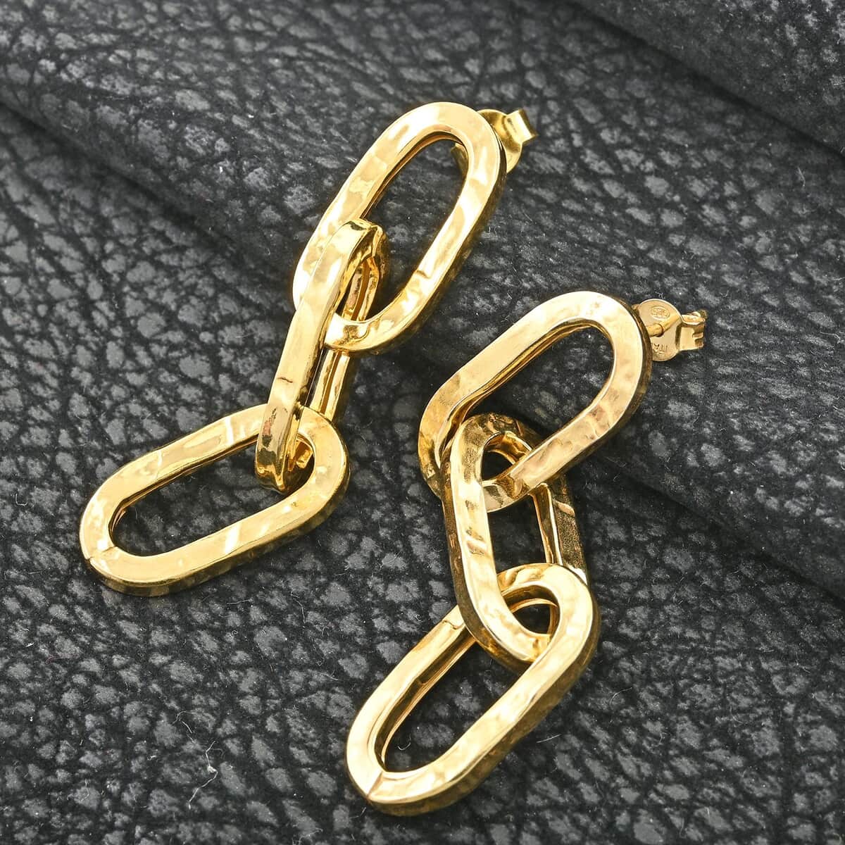 Italian 14K Yellow Gold Over Sterling Silver Textured Paper Clip 3 Row Drop Statement Earrings 5.20 Grams image number 1
