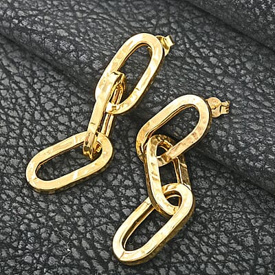 Italian 14K Yellow Gold Over Sterling Silver Textured Paper Clip 3 Row Drop Statement Earrings 5.20 Grams