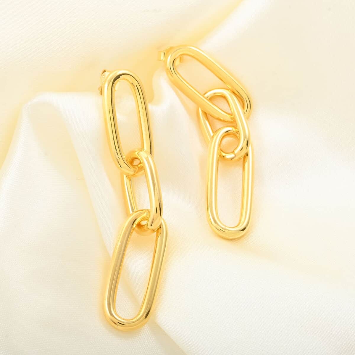 Italian 14K Yellow Gold Over Sterling Silver Paper Clip 3 Row Drop Statement Earrings 10.90 Grams image number 1