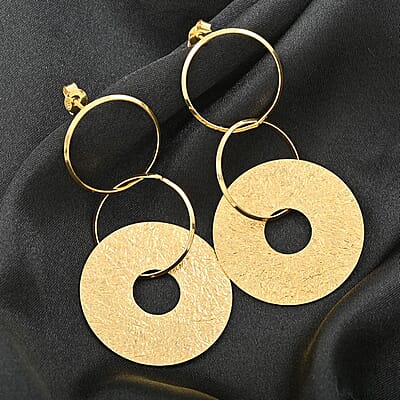 Italian 14K Yellow Gold Over Sterling Silver Triple Circle Medallion Interlocked Drop Statement Earrings 10 Grams