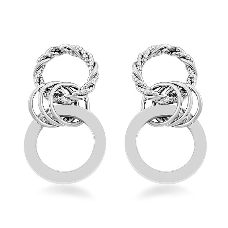 Italian Sterling Silver Triple Cirlce Drop Woven Interlocked Drop Statement Earrings 14.10 Grams