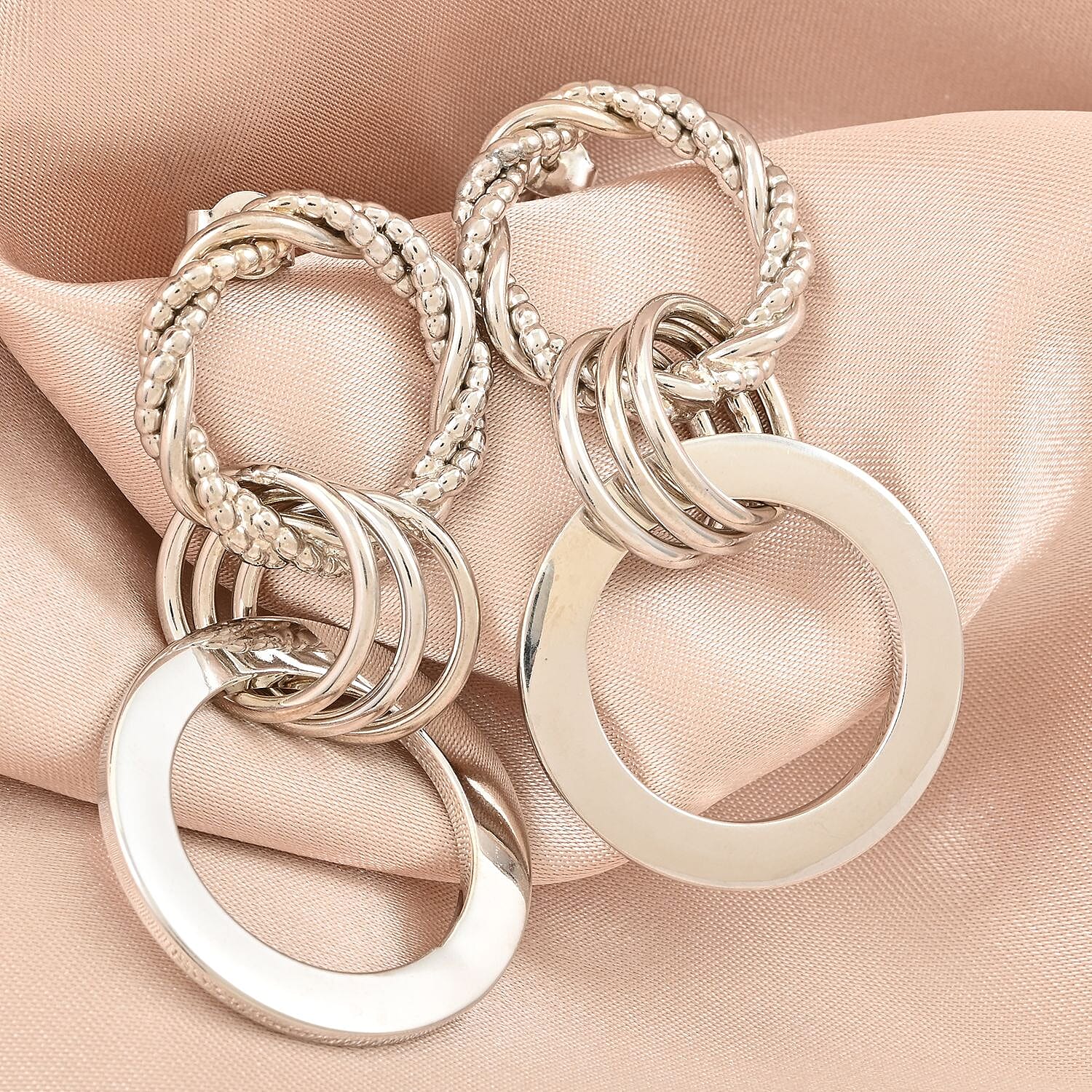 Italian Sterling Silver Triple Cirlce Drop Woven Interlocked Drop Statement Earrings 14.10 Grams