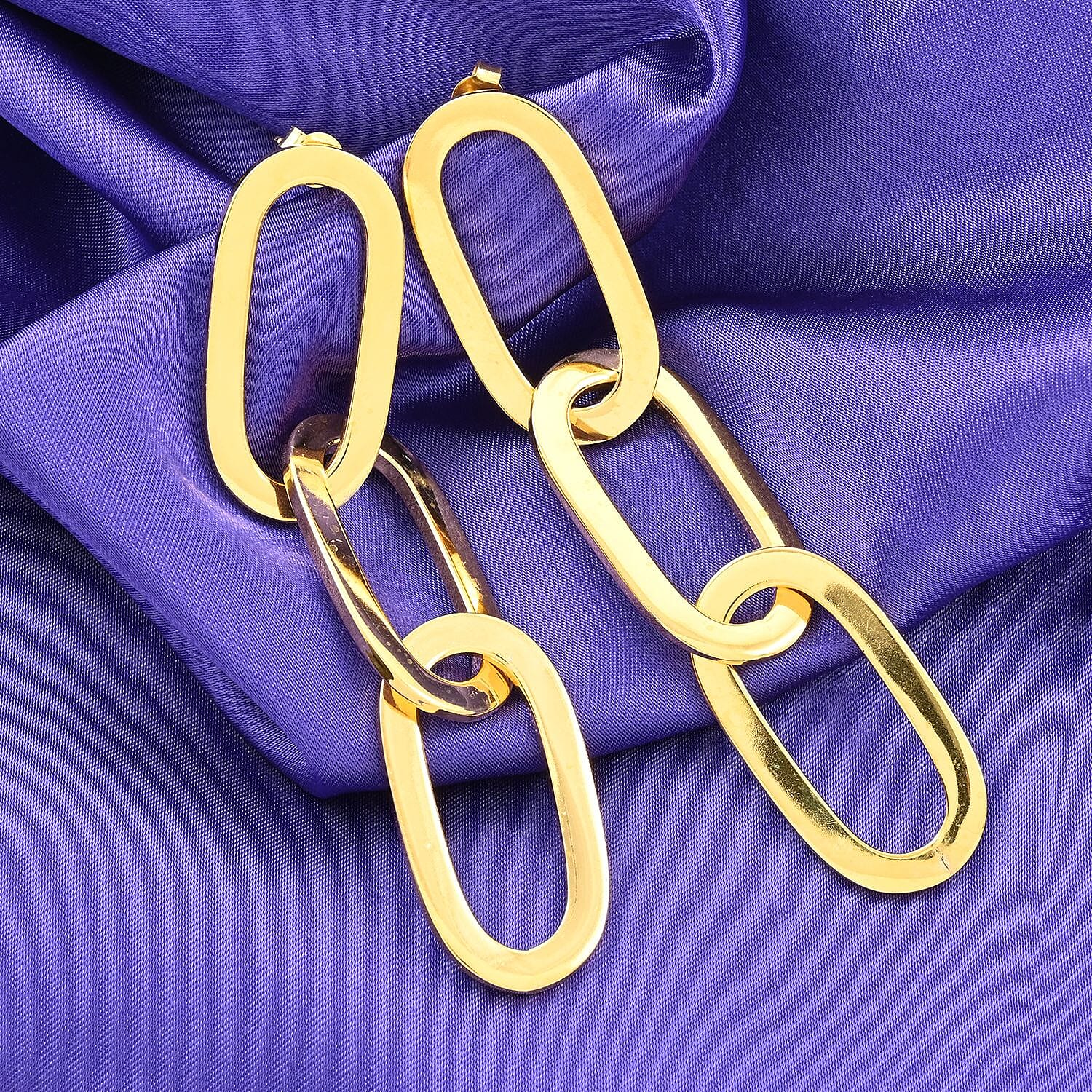 Italian 14K Yellow Gold Over Sterling Silver Paper Clip 3 Row Drop Statement Earrings 16.90 Grams