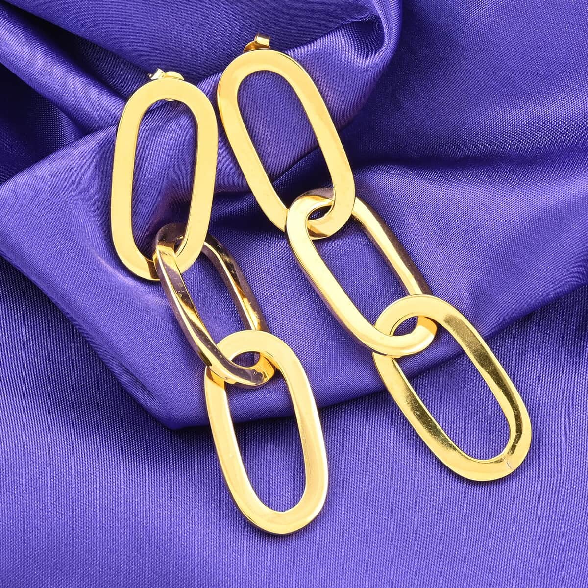 Italian 14K Yellow Gold Over Sterling Silver Paper Clip 3 Row Drop Statement Earrings 16.90 Grams image number 1