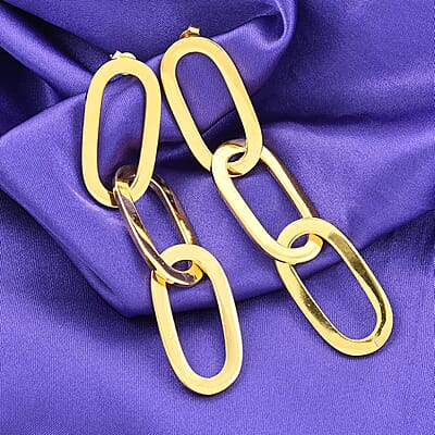 Italian 14K Yellow Gold Over Sterling Silver Paper Clip 3 Row Drop Statement Earrings 16.90 Grams