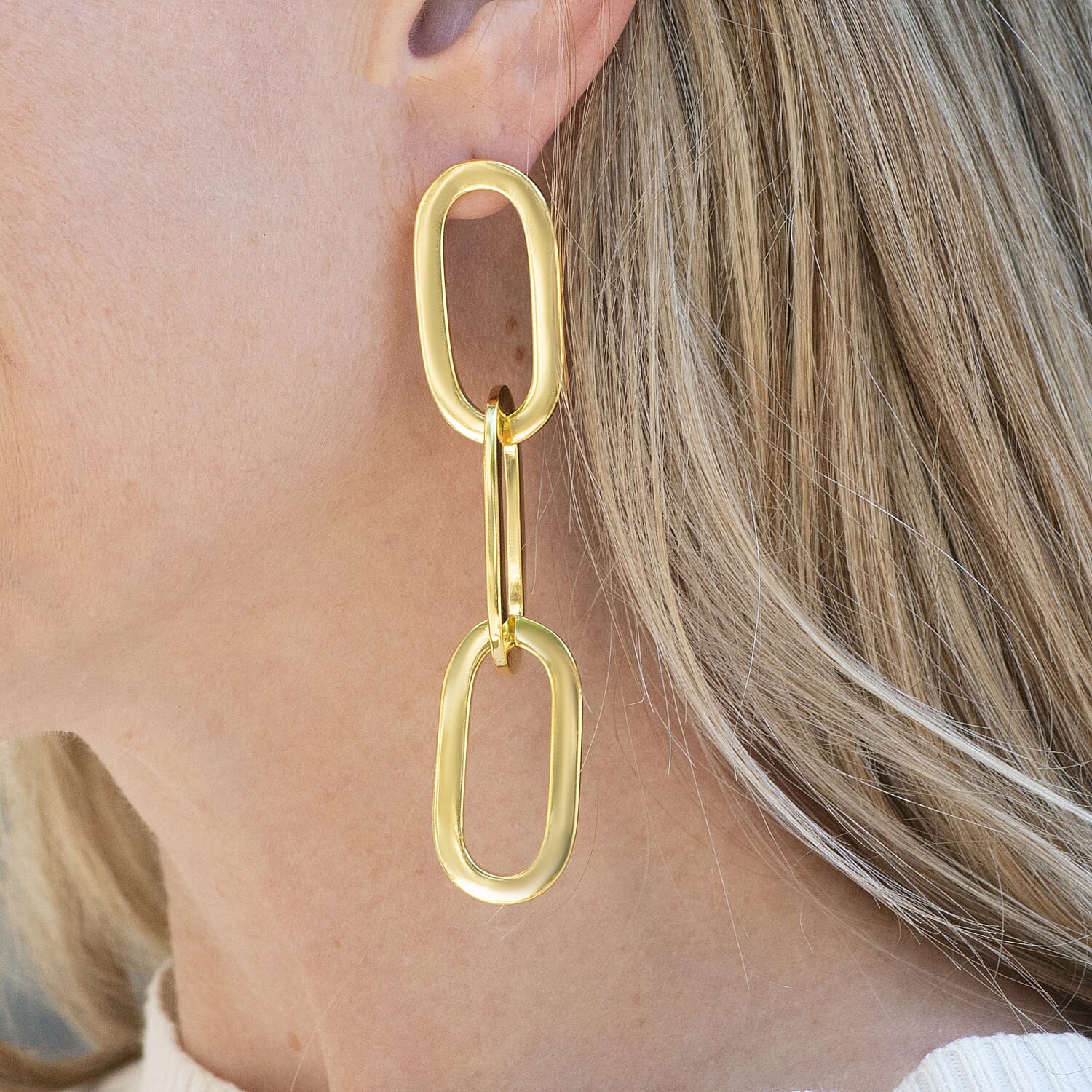 Italian 14K Yellow Gold Over Sterling Silver Paper Clip 3 Row Drop Statement Earrings 16.90 Grams