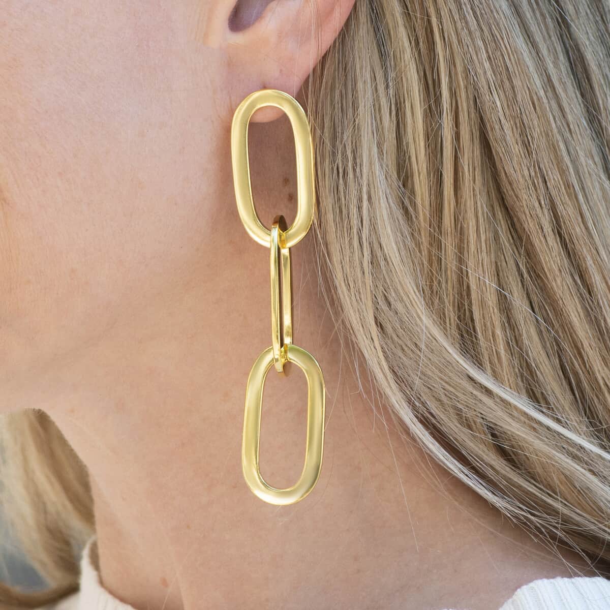 Italian 14K Yellow Gold Over Sterling Silver Paper Clip 3 Row Drop Statement Earrings 16.90 Grams image number 2