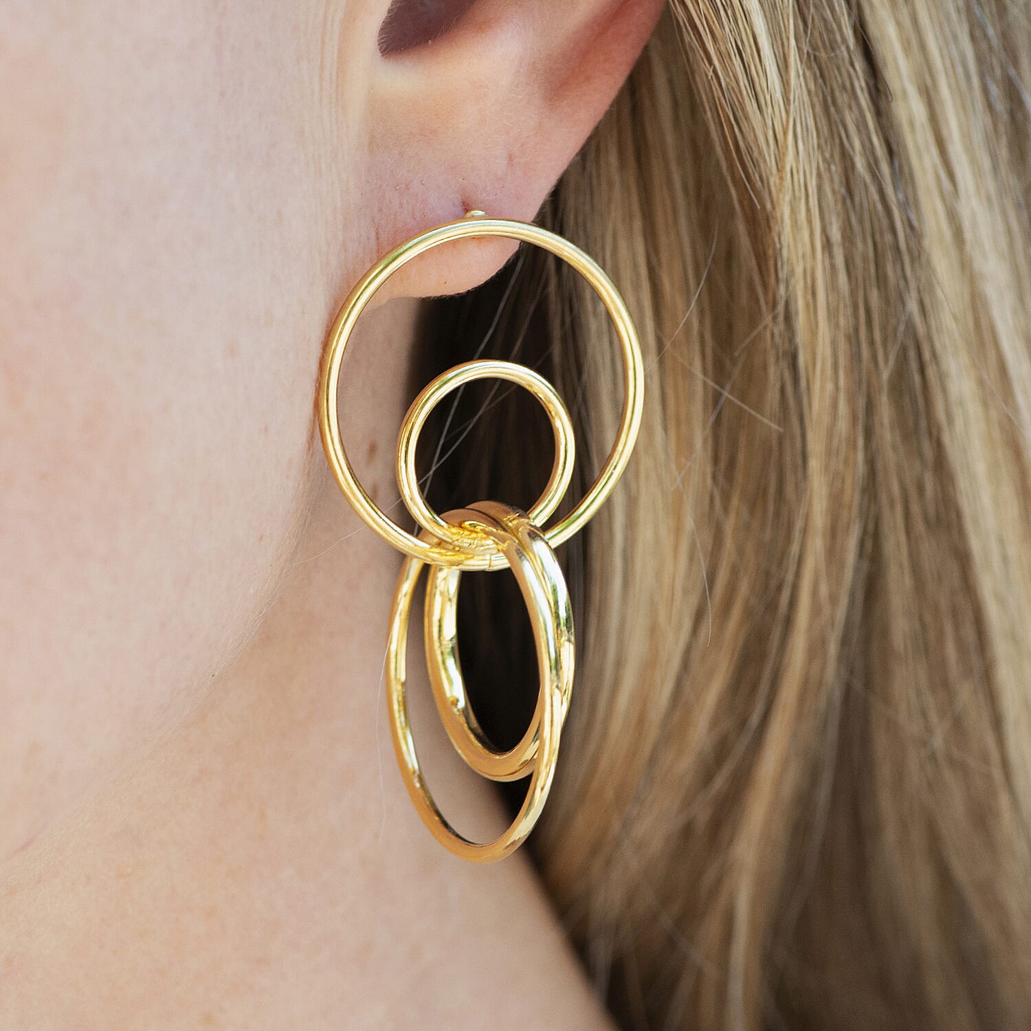 Italian 14K Yellow Gold Over Sterling Silver Circle Drop Interlocked Statement Earrings 9.70 Grams