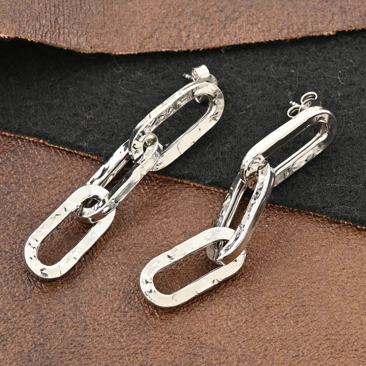 Mother’s Day Gift Italian Sterling Silver Textured Paper Clip 3 Row Drop Statement Earrings 5.70 Grams image number 1