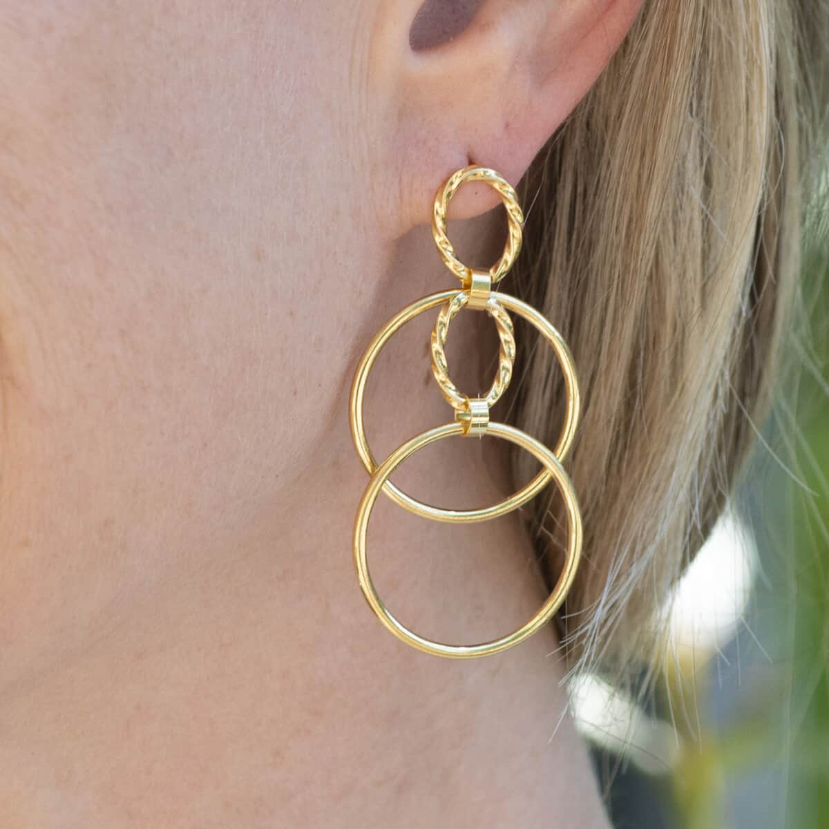 Italian 14K Yellow Gold Over Sterling Silver Circle Drop Interlocked Statement Earrings 7.70 Grams image number 2