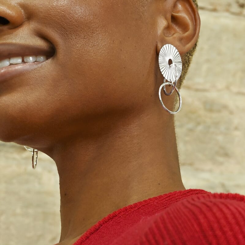 Italian Sterling Silver Multi Circle Textured Medallion Interlocked Drop Statement Earrings 8.10 Grams