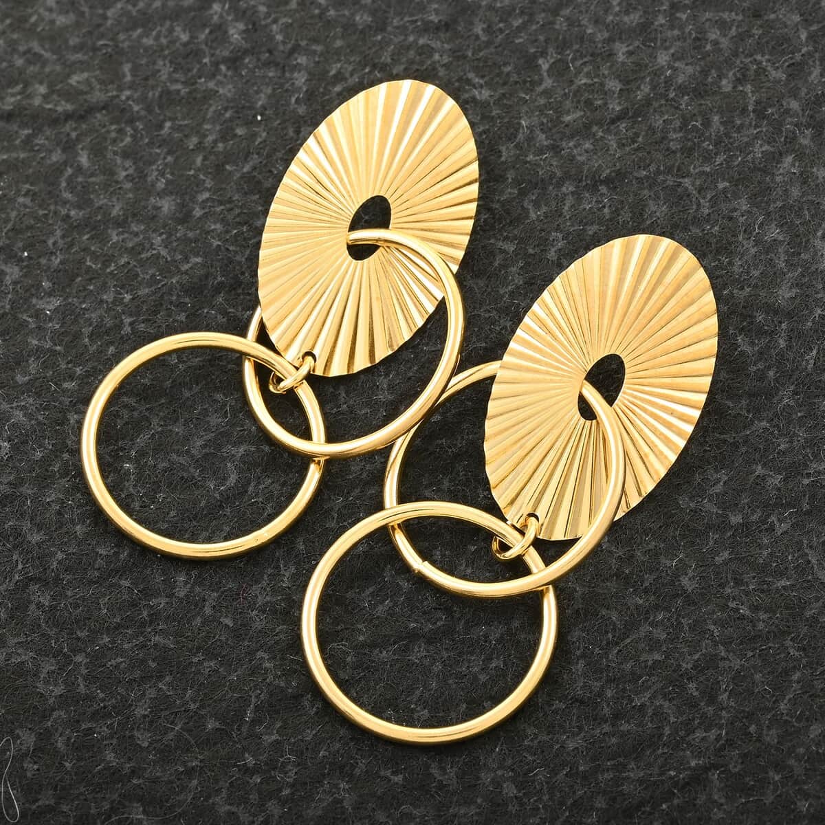 Italian 14K Yellow Gold Over Sterling Silver Multi Circle Textured Medallion Interlocked Drop Statement Earrings 8.10 Grams image number 1