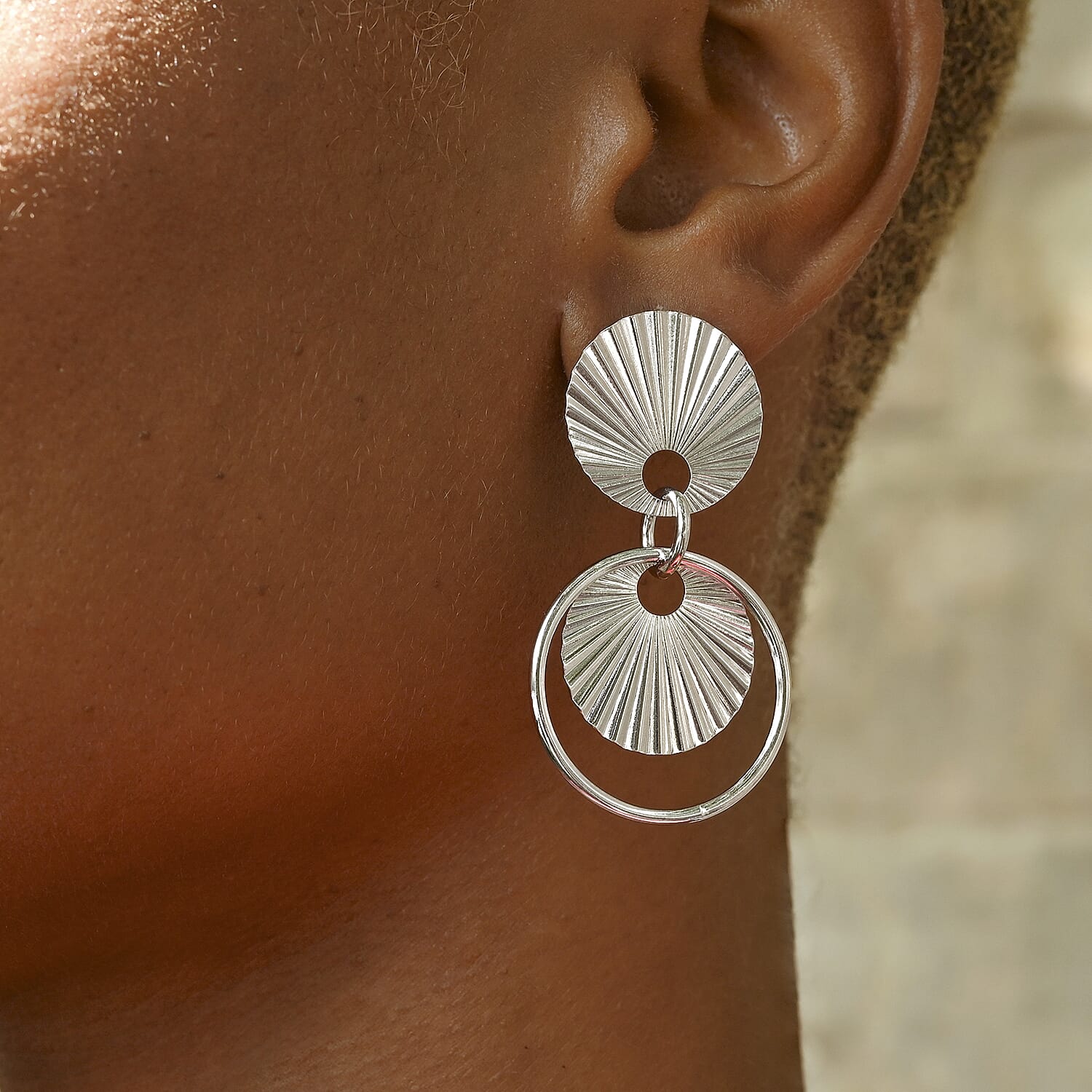 Italian Sterling Silver Multi Circle Double Textured Medallion Interlocked Drop Statement Earrings 8.60 Grams