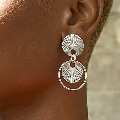 Italian Sterling Silver Multi Circle Double Textured Medallion Interlocked Drop Statement Earrings 8.60 Grams