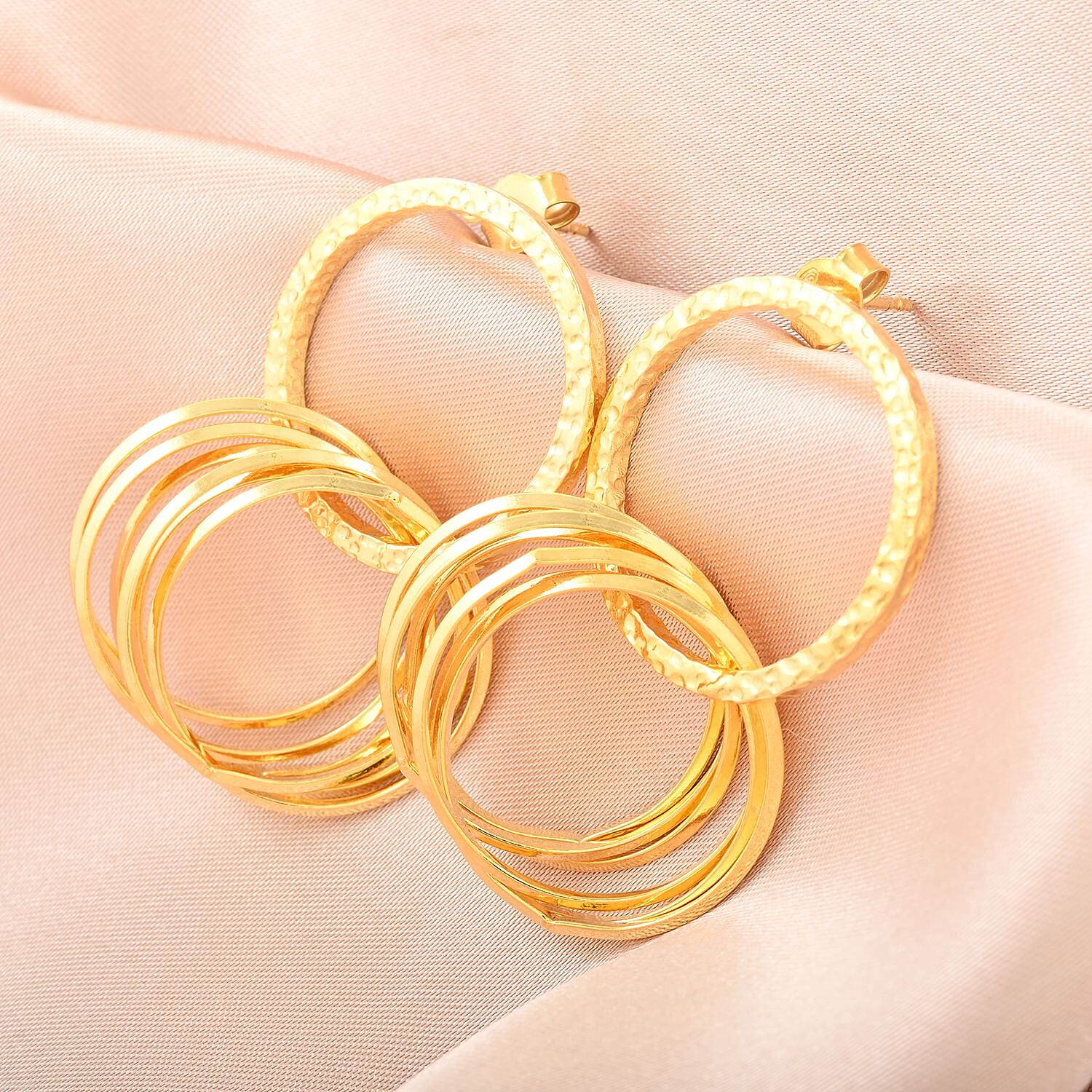 Italian 14K Yellow Gold Over Sterling Silver Multi Hoop Circle Interlocked Drop Statement Earrings 10.40 Grams