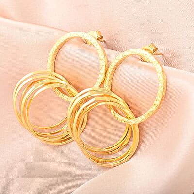 Italian 14K Yellow Gold Over Sterling Silver Multi Hoop Circle Interlocked Drop Statement Earrings 10.40 Grams