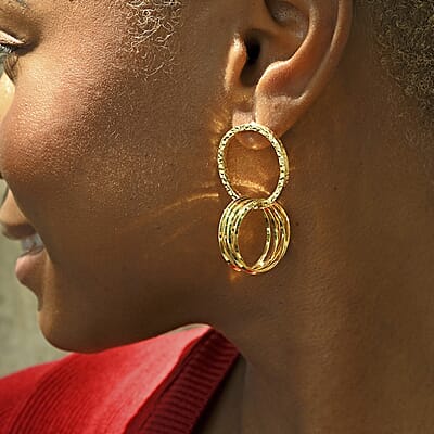 Italian 14K Yellow Gold Over Sterling Silver Multi Hoop Circle Interlocked Drop Statement Earrings 10.40 Grams