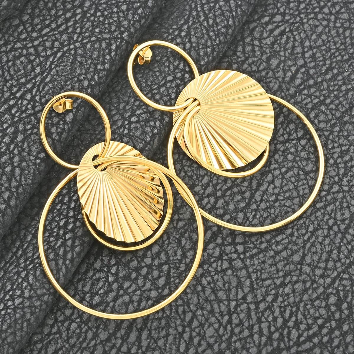 Italian 14K Yellow Gold Over Sterling Silver Multi Circle Textured Medallion Interlocked Drop Statement Earrings 14.40 Grams image number 1