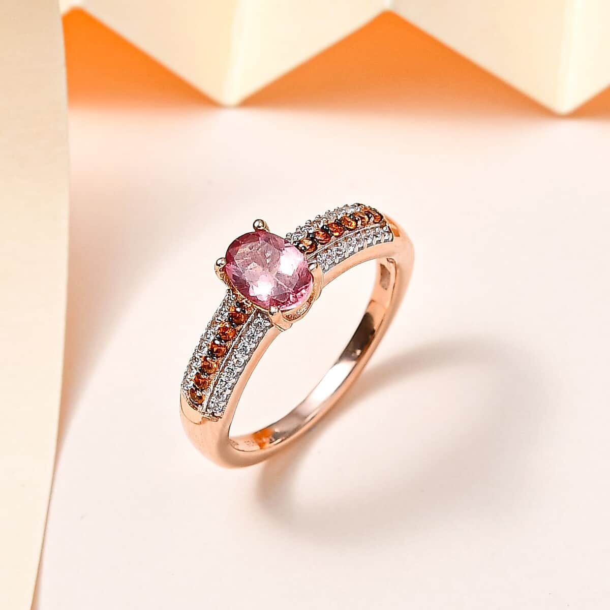 Blush Apatite, Brown and White Zircon Ring in Vermeil Rose Gold Over Sterling Silver (Size 10.0) 1.10 ctw image number 1