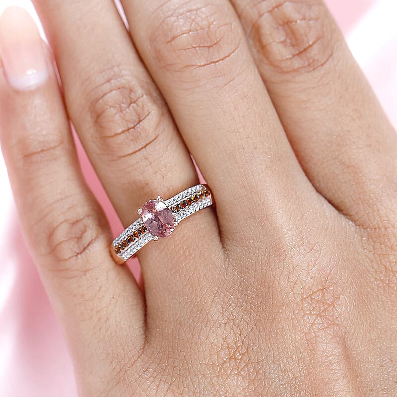 Blush Apatite, Brown and White Zircon Ring in Vermeil Rose Gold Over Sterling Silver (Size 7.0) 1.10 ctw