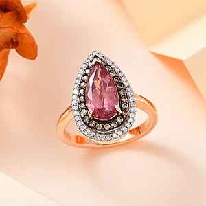Luxoro 10K Rose Gold Premium Blush Apatite, I3 Natural Champagne and White Diamond Double Halo Ring (Size 6.0) 4.50 Grams 2.40 ctw