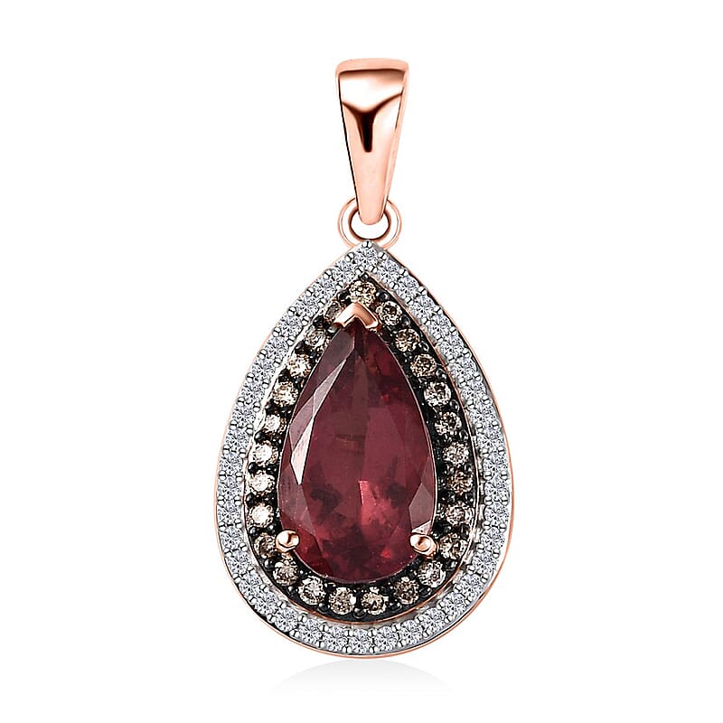 Luxoro 10K Rose Gold Premium Blush Apatite, I3 Natural Champagne and White Diamond Double Halo Pendant without Chain 2.80 ctw