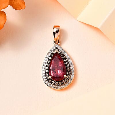 Luxoro 10K Rose Gold Premium Blush Apatite, I3 Natural Champagne and White Diamond Double Halo Pendant without Chain 2.80 ctw