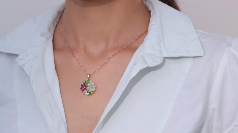 Orissa Rhodolite Garnet and Multi Gemstone Floral Bouquet Pendant in Vermeil Rose Gold Over Sterling Silver 3.35 ctw