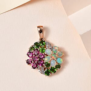Orissa Rhodolite Garnet and Multi Gemstone Floral Bouquet Pendant in Vermeil Rose Gold Over Sterling Silver 3.35 ctw