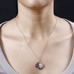 Orissa Rhodolite Garnet and Multi Gemstone Floral Bouquet Pendant in Vermeil Rose Gold Over Sterling Silver 3.35 ctw